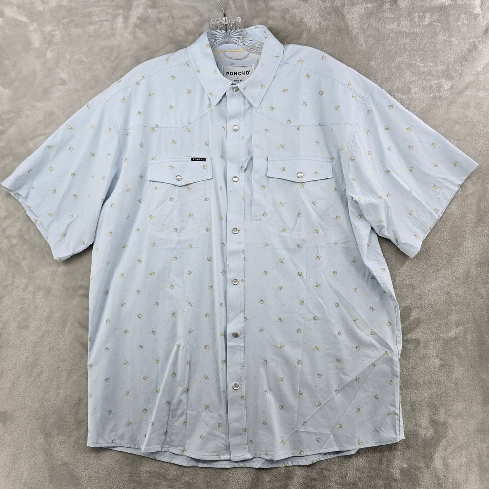 Poncho Mens Western Shirt Mens Large Blue Pearl Snap Short Sleeve Performance - Picture 3 of 7